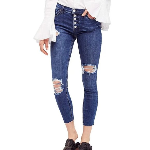 Free People Destroyed Reagan Button-Front Jeans - Picture 3 of 11